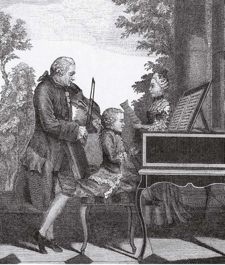 Wolfgang Amadeus Mozart at the piano, aged 7, with father Leopold and sister Maria